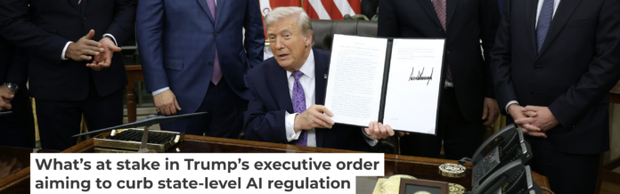 President Donald Trump displays his executive order countering state laws regulating AI. Alex Wong/Getty Images